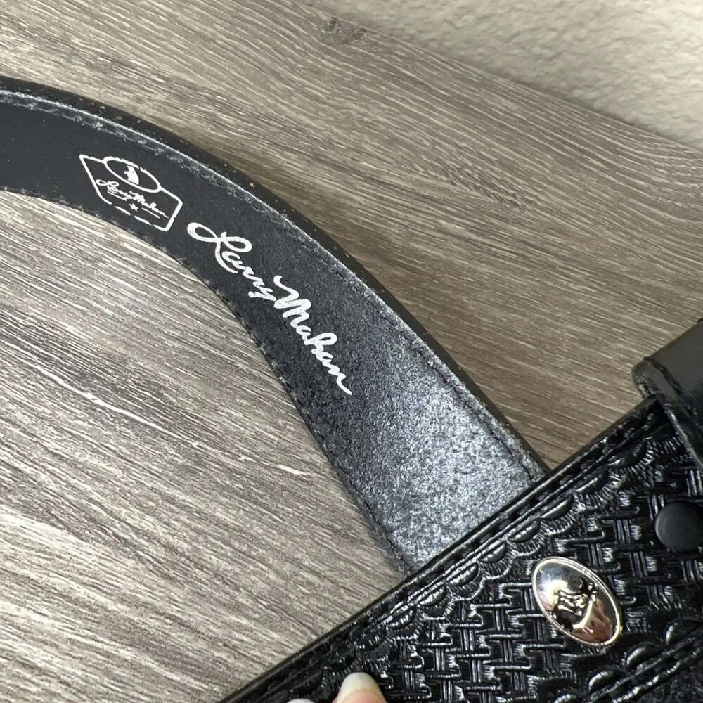 Larry Mahan Mens Black Tooled Leather Western Belt Size 38 No Buckle